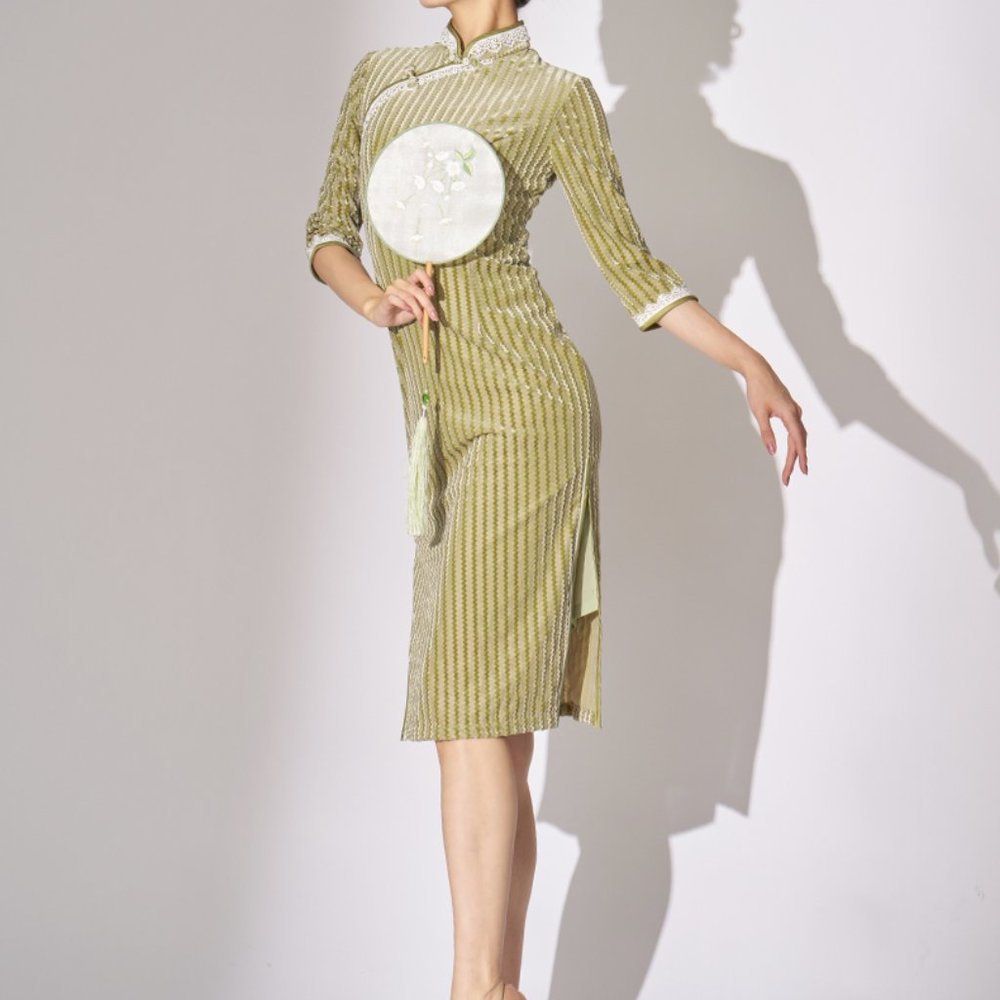 柳歌舞蹈弹力旗袍 Women Elastic Qipao/Cheongsam for Dancing, Green, Size XL